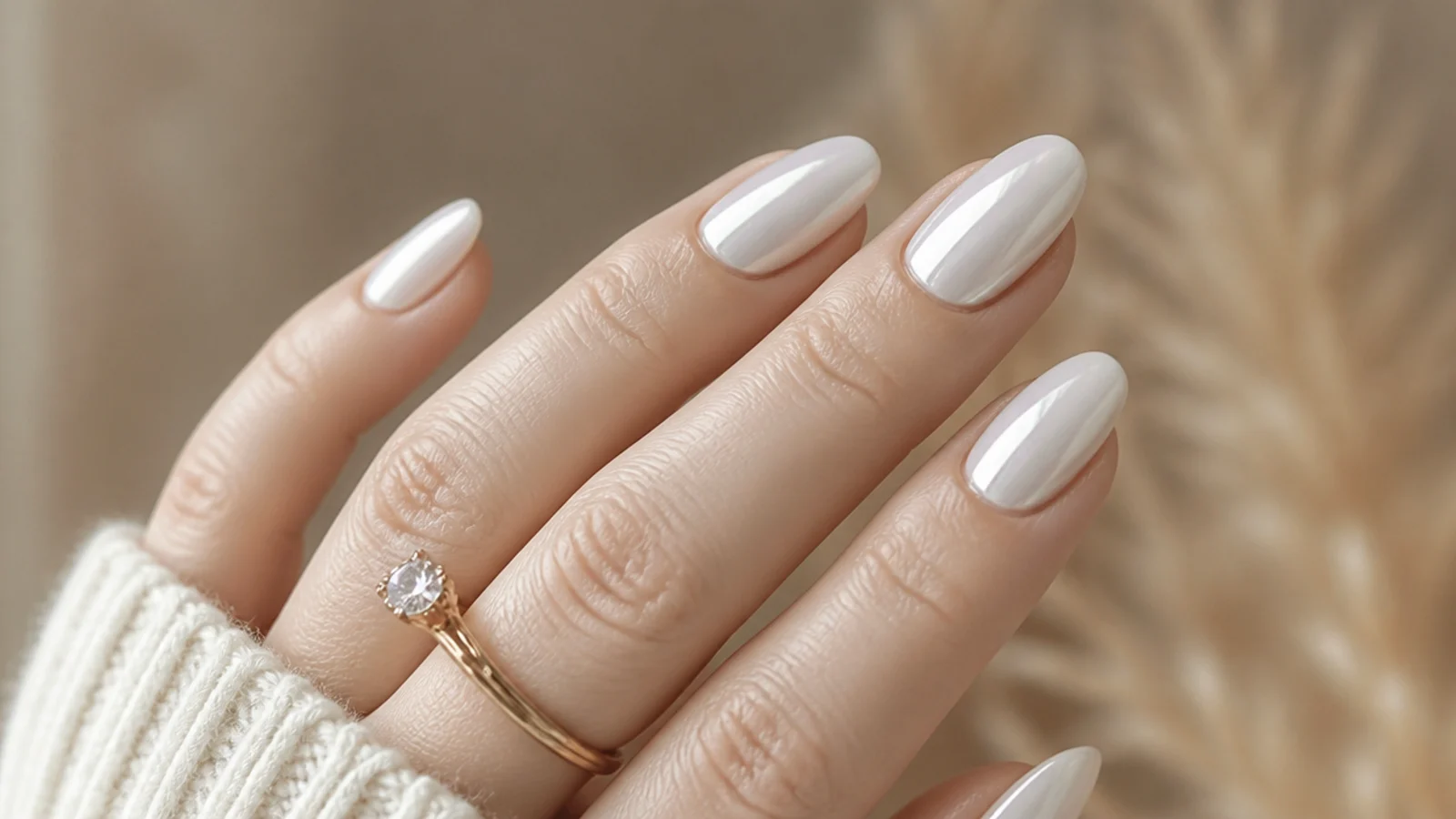 Soft off-white greige white chrome nails with a pearl finish