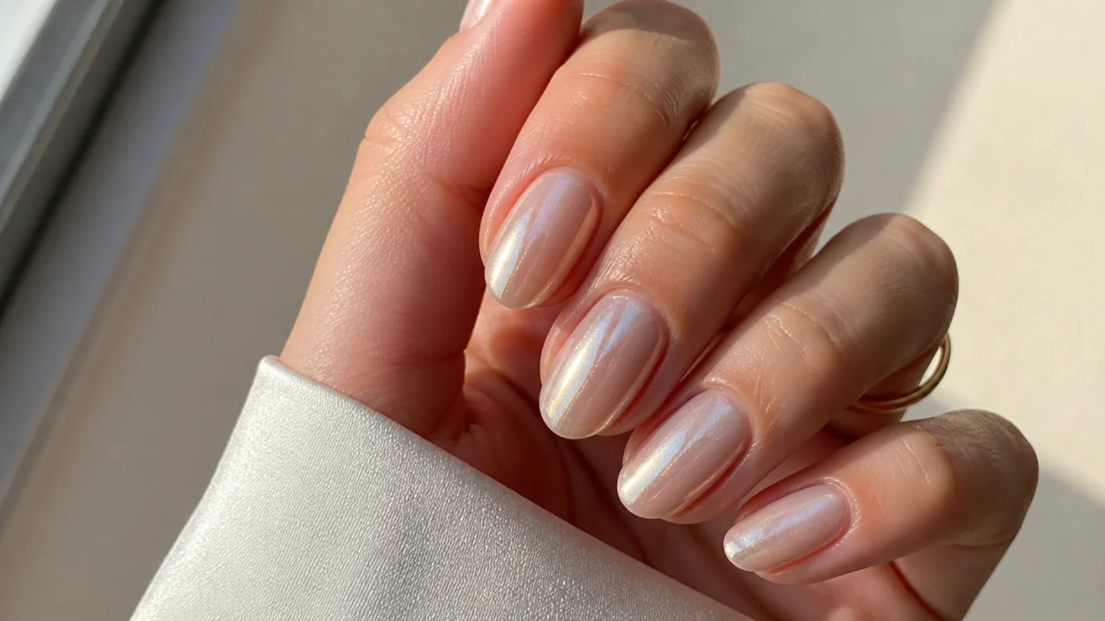 Sheer milky pearl glazed-donut nails catching the light