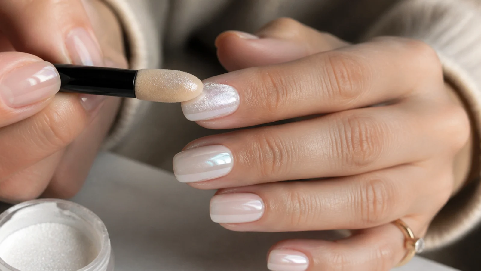 Chrome powder being rubbed over a cured milky gel base to a pearl sheen