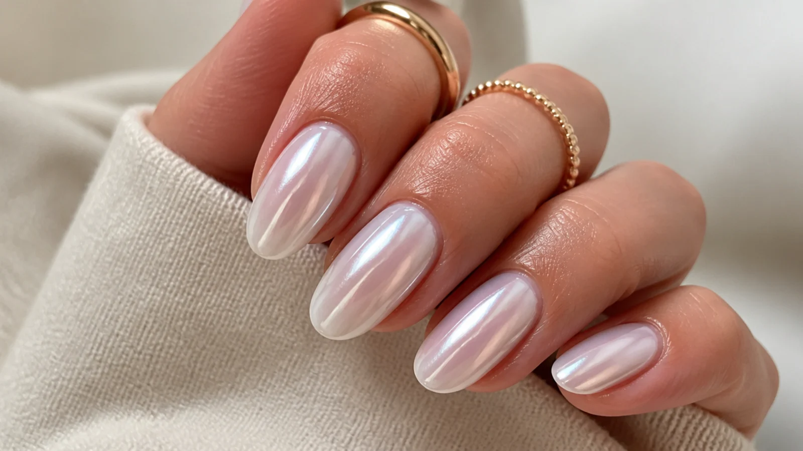 A well-sealed pearl white chrome manicure with cuticle oil for longevity