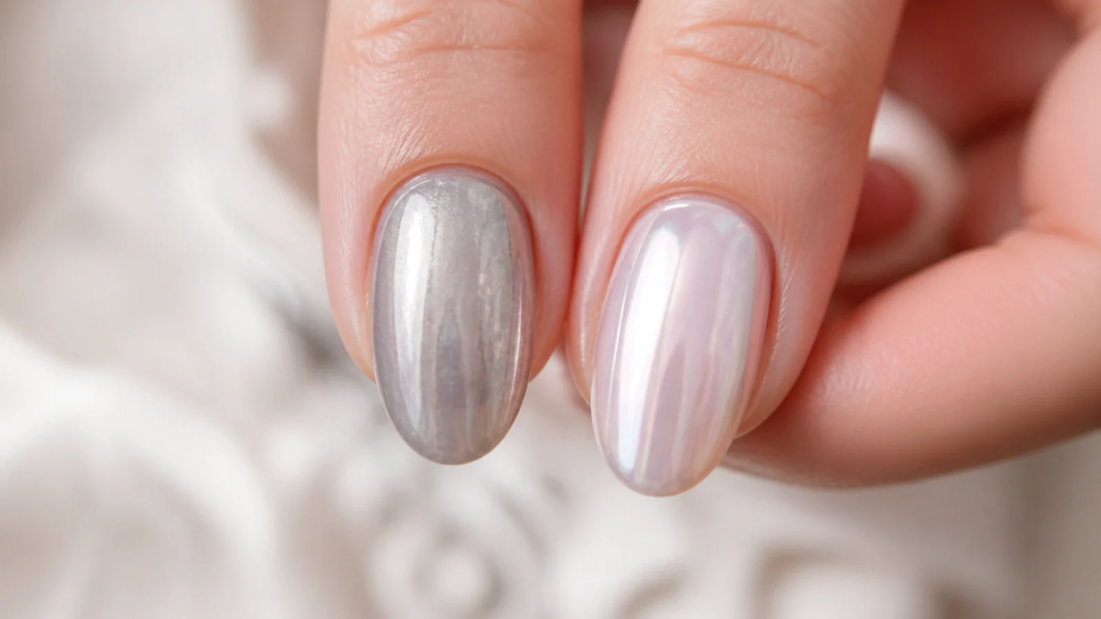 A dull, patchy chrome nail beside a smooth glassy pearl chrome nail