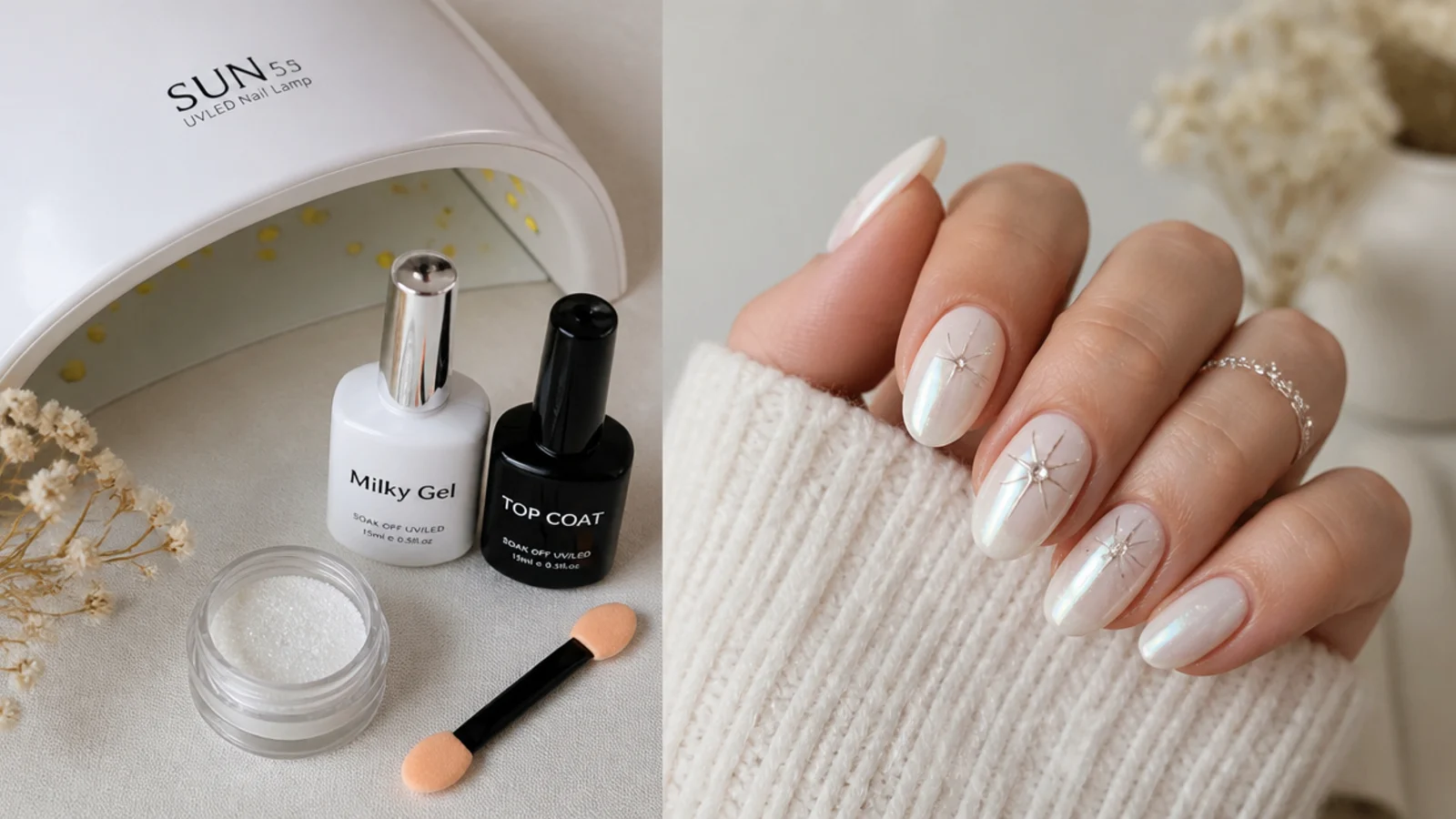 Flat lay of milky gel, chrome powder, no-wipe top coat, applicator and LED lamp