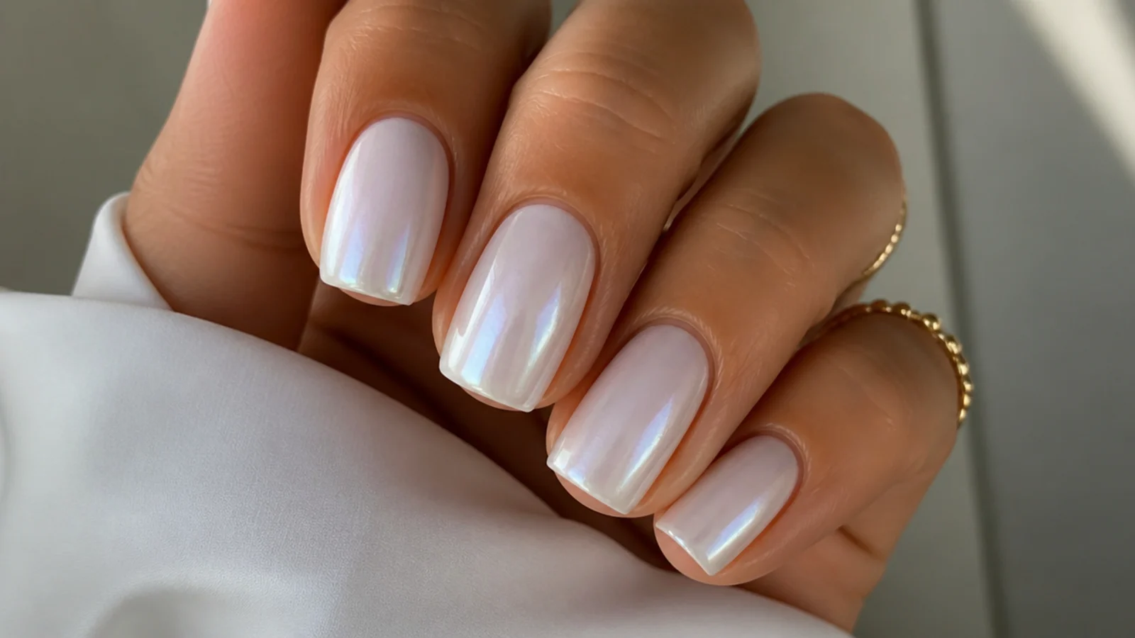 Opaque milky white chrome nails with a soft pearl shimmer