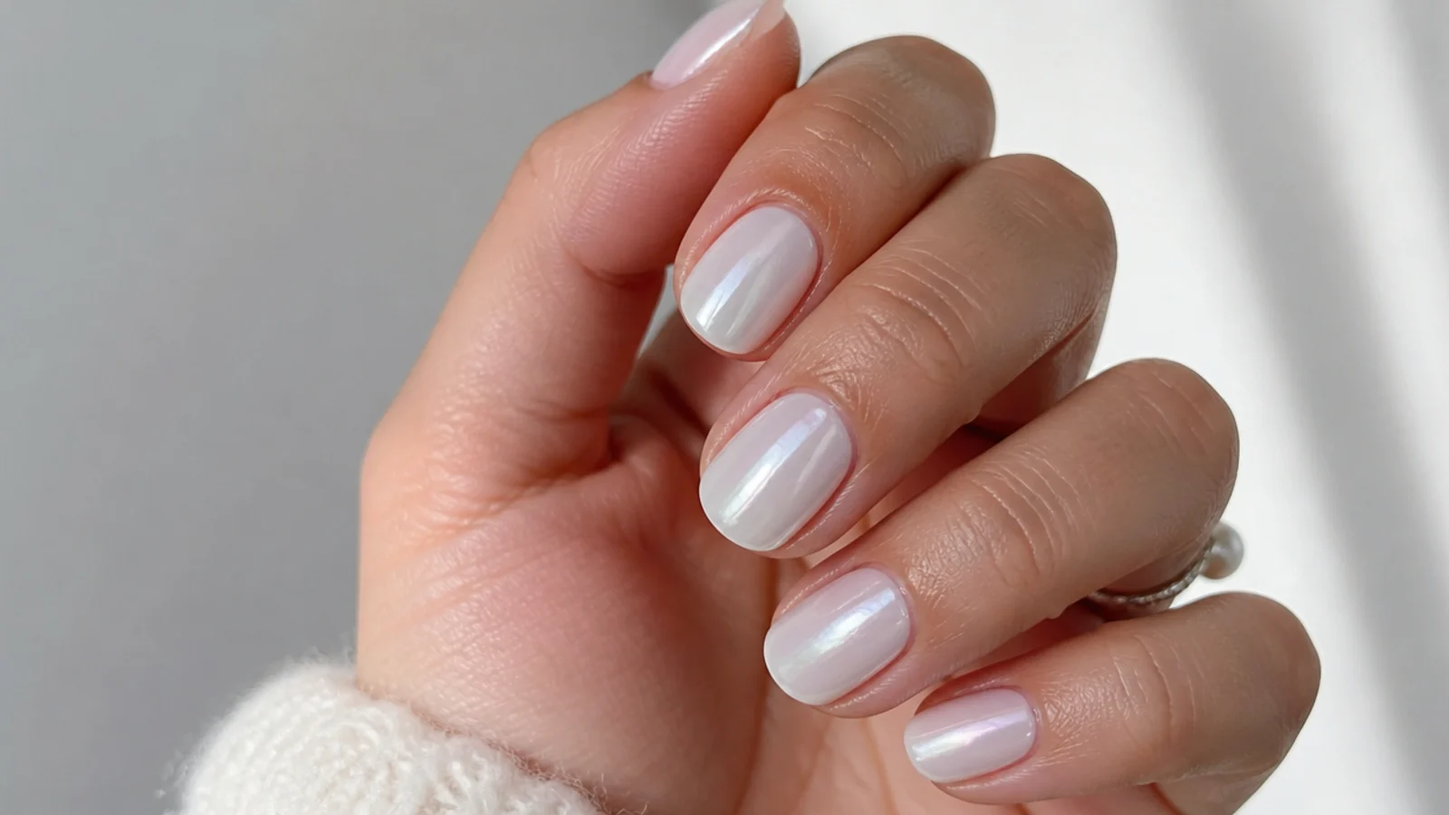 Short round white chrome nails with a soft milky glazed finish