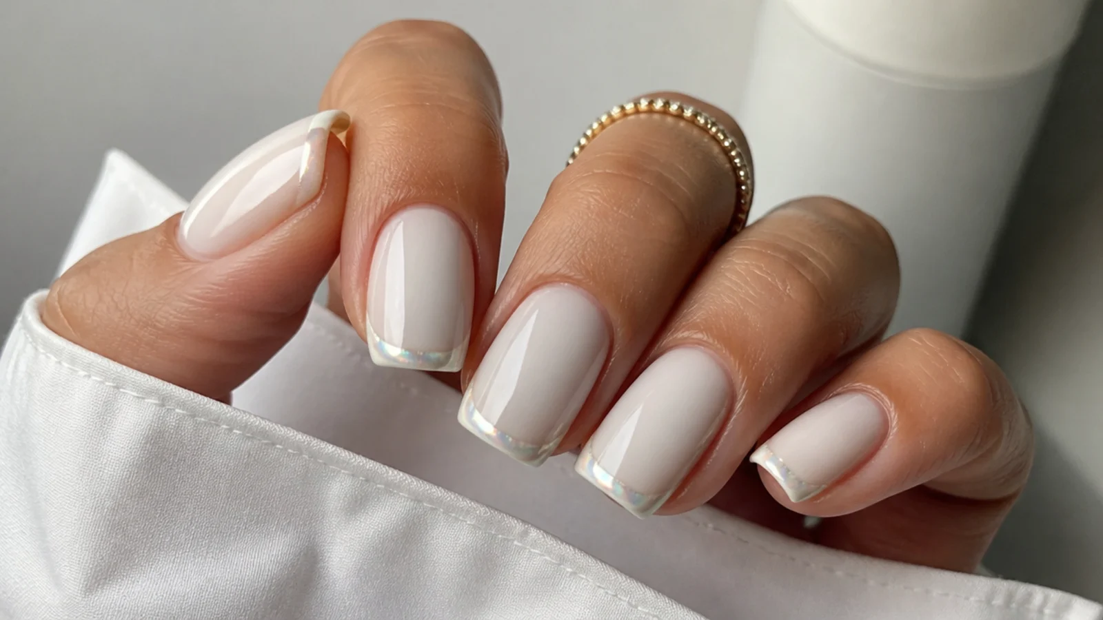 White chrome nails with a thin micro pearl chrome French tip