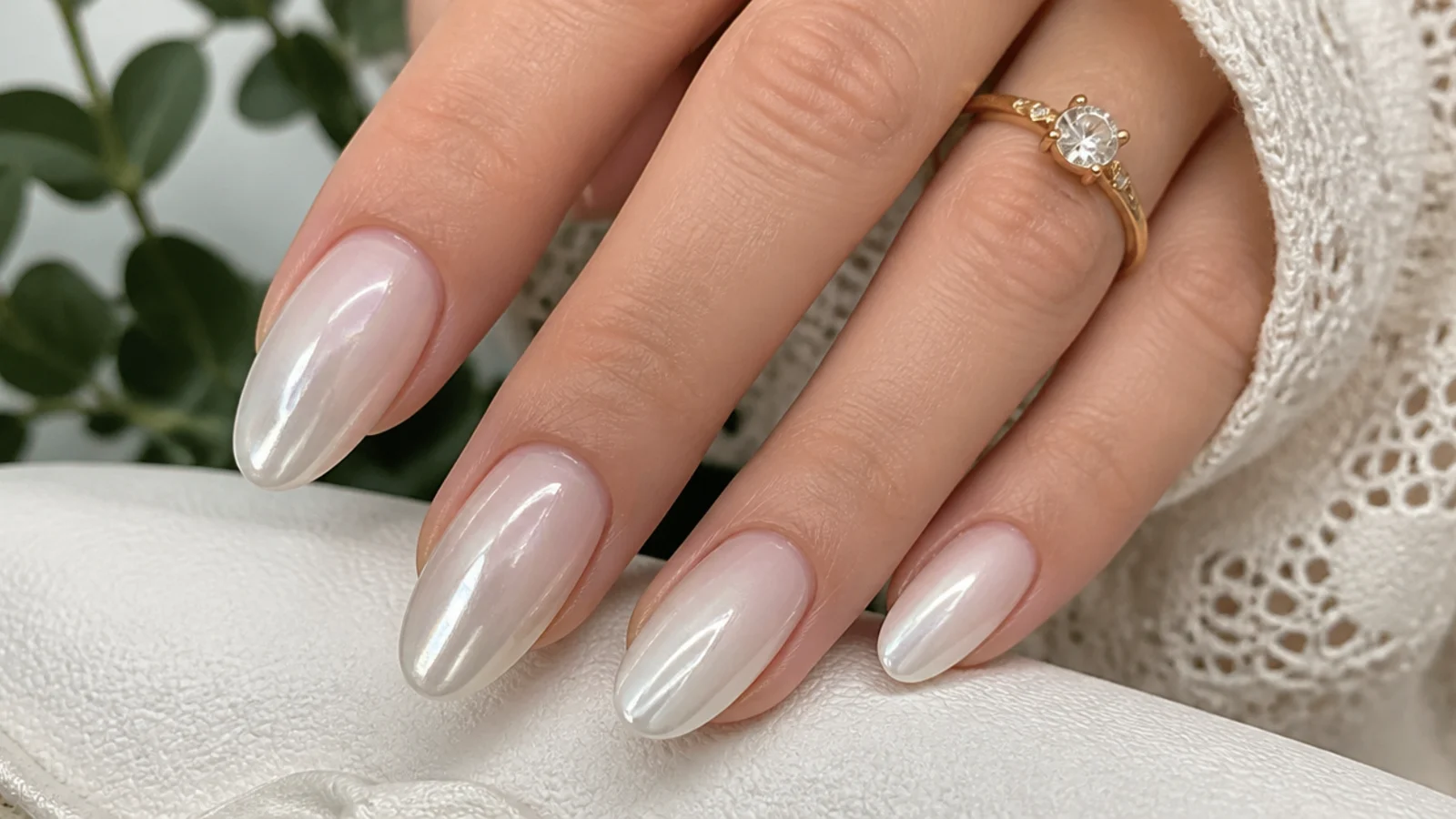 White chrome nails fading from milky cuticle to pearl chrome tip