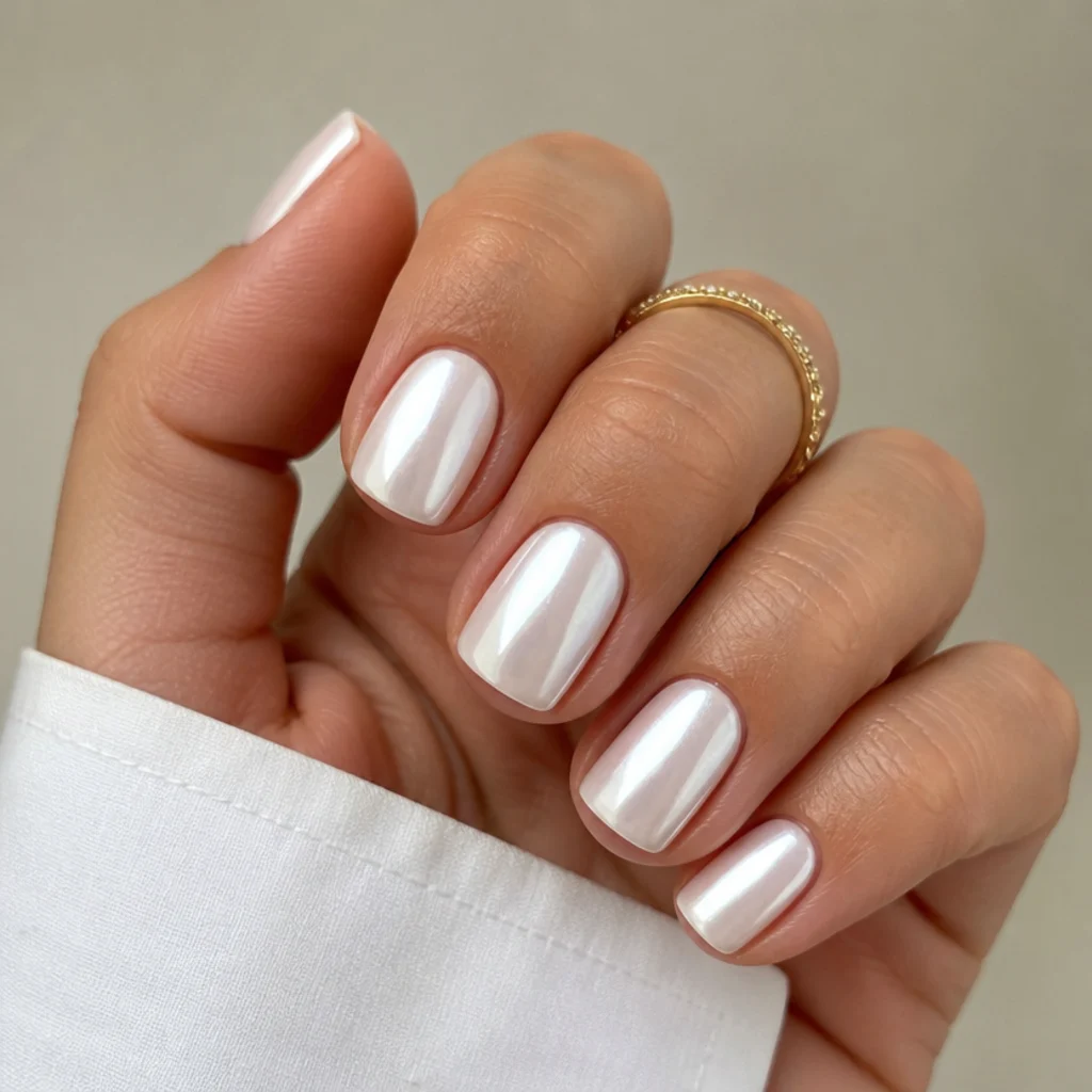 Short square white chrome nails with a clean pearl glazed finish