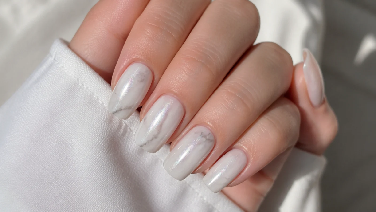 White chrome nails with a soft gray marble veining under a pearl glaze