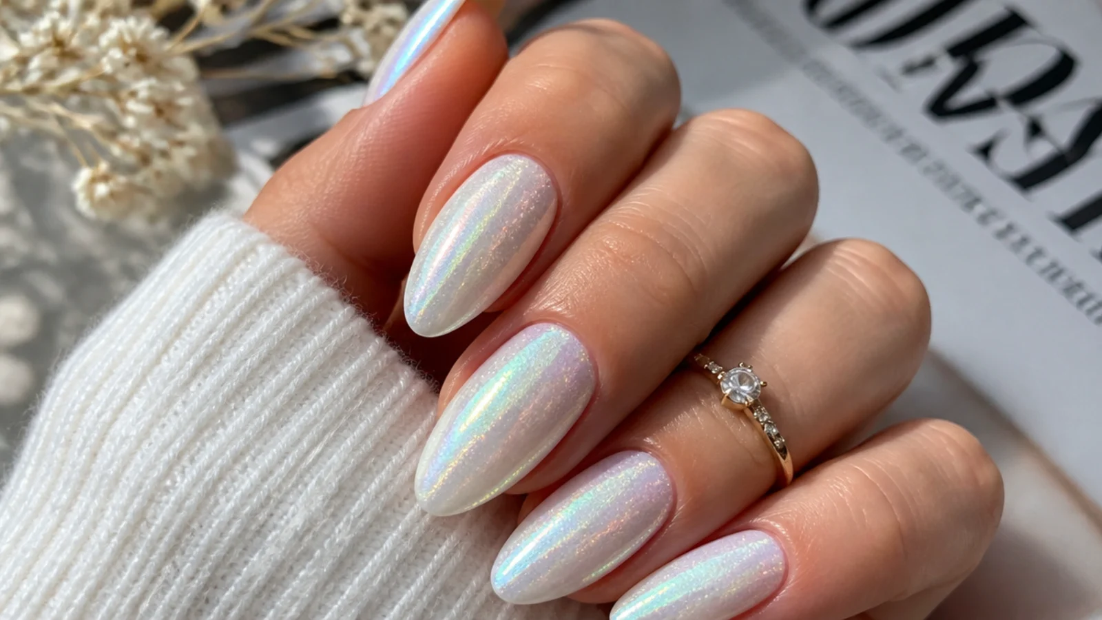 White chrome nails with a bright iridescent fairy-dust rainbow shimmer