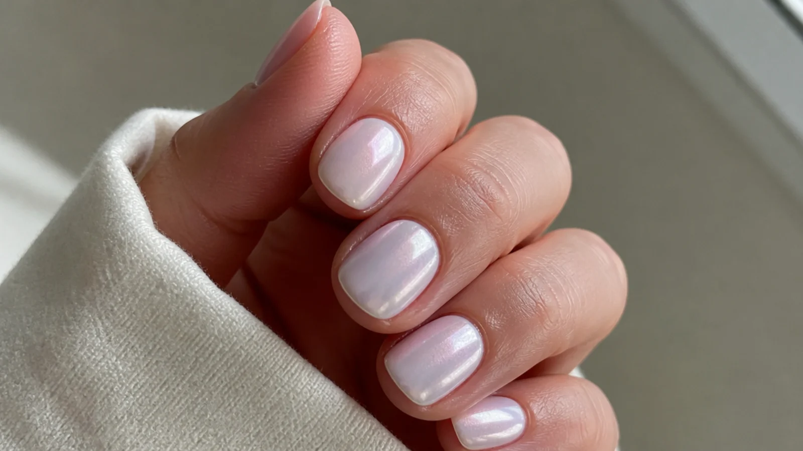 Short natural nails with a soft milky white chrome dip finish