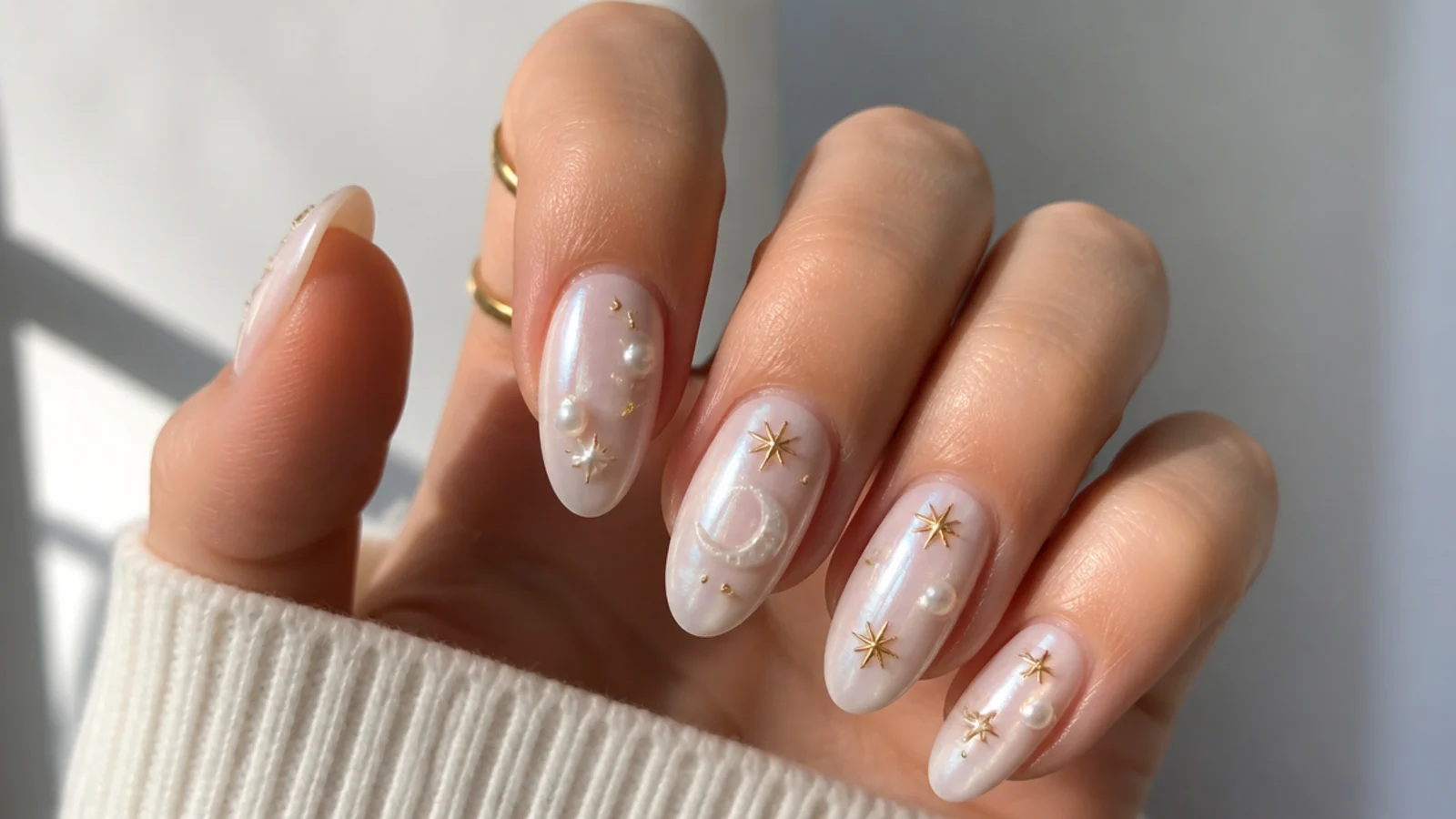 Milky white chrome nails with tiny pearl star and celestial accents