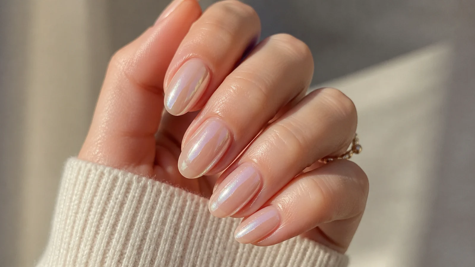 Sheer milky pearl glazed-donut nails catching soft light