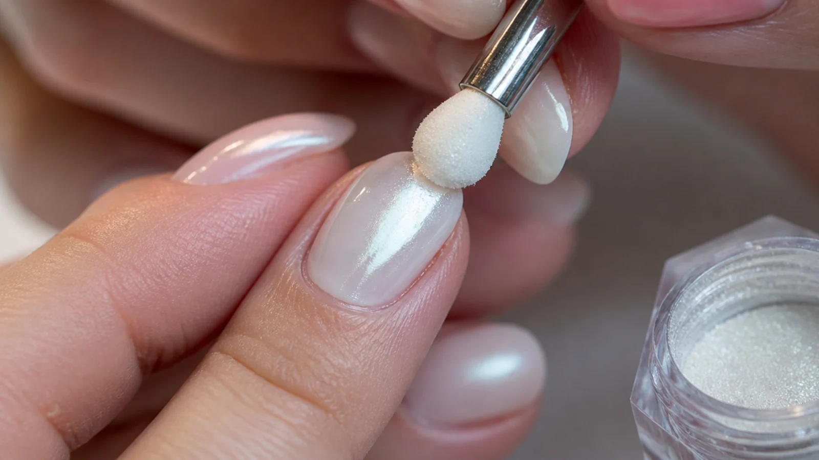 Chrome powder being buffed onto a cured milky white gel nail