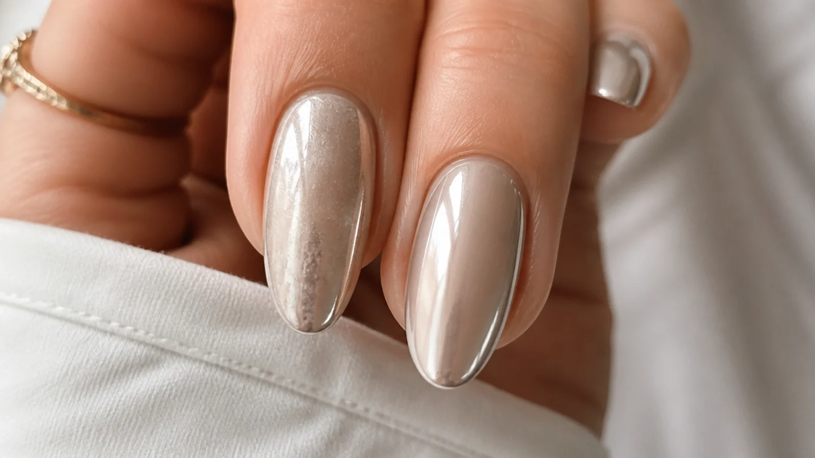 A dull patchy chrome nail beside a smooth glassy pearl chrome nail