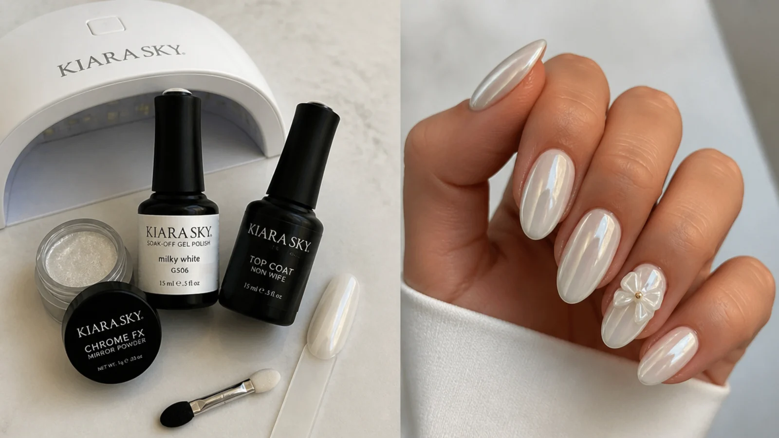 Flat lay of milky gel, chrome powder, applicator, lamp and no-wipe top coat