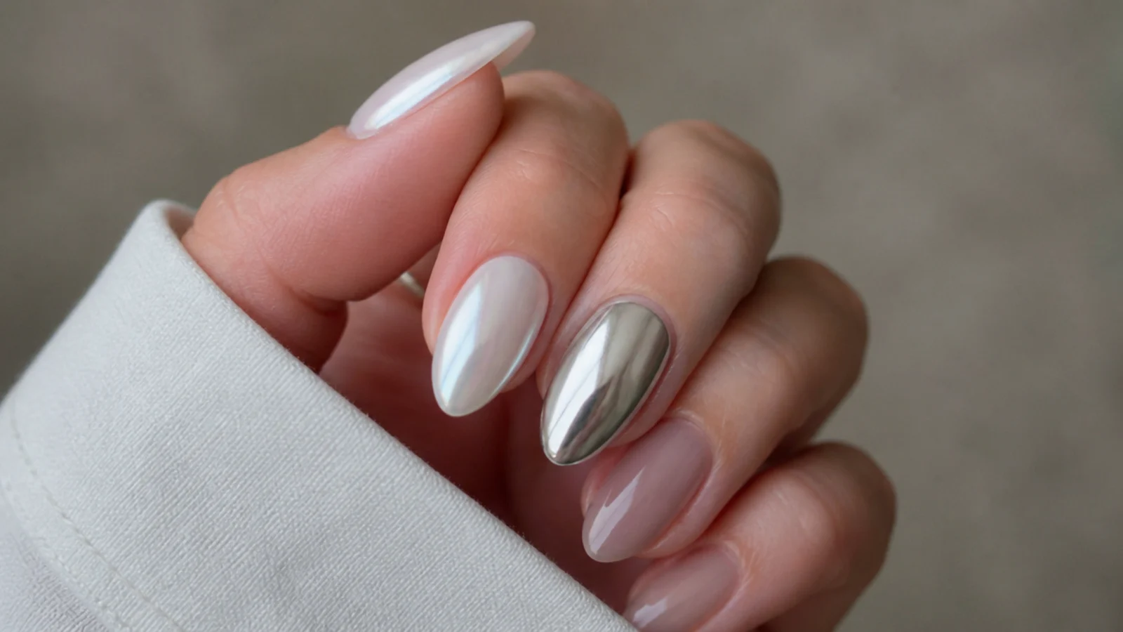 Soft pearl white chrome nail beside a bright silver mirror chrome nail