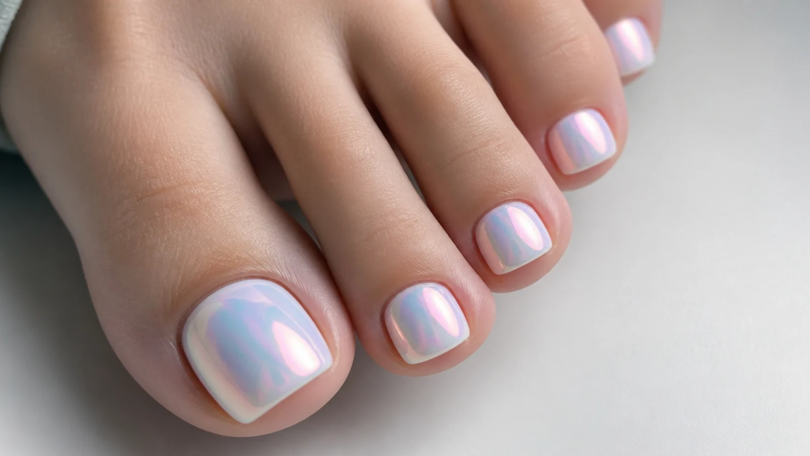 Milky white toe nails with pink and blue aurora chrome shift