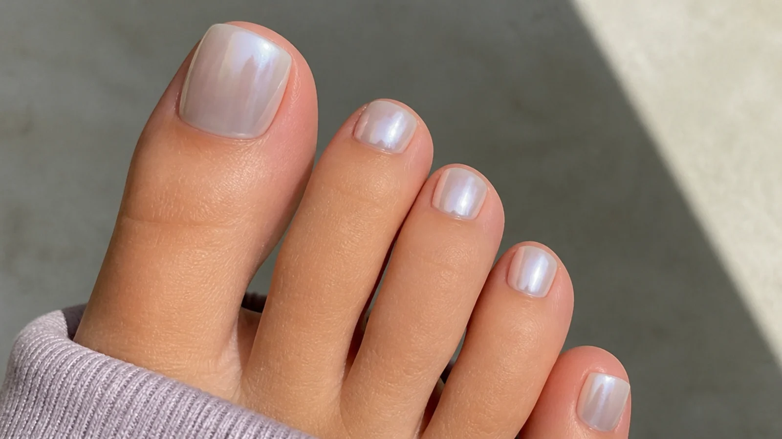 White chrome toe nails fading from clear cuticle to pearl tip