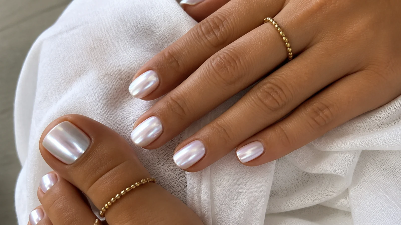 Pearl white chrome toe nails glowing against tanned skin