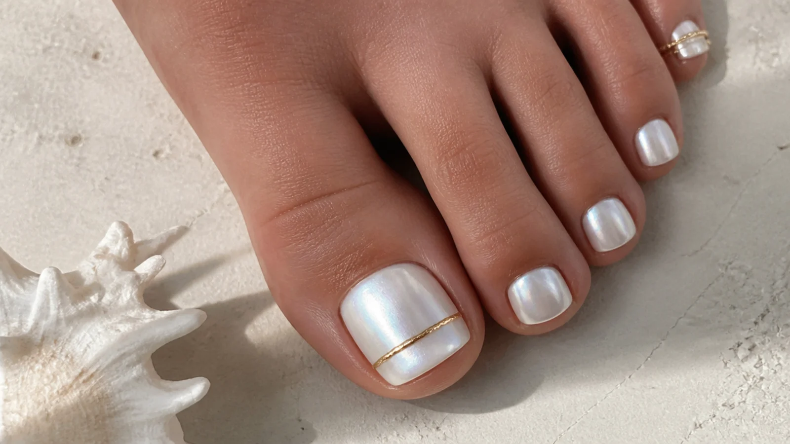 Pearl white chrome toe nails with a thin gold stripe on the big toe