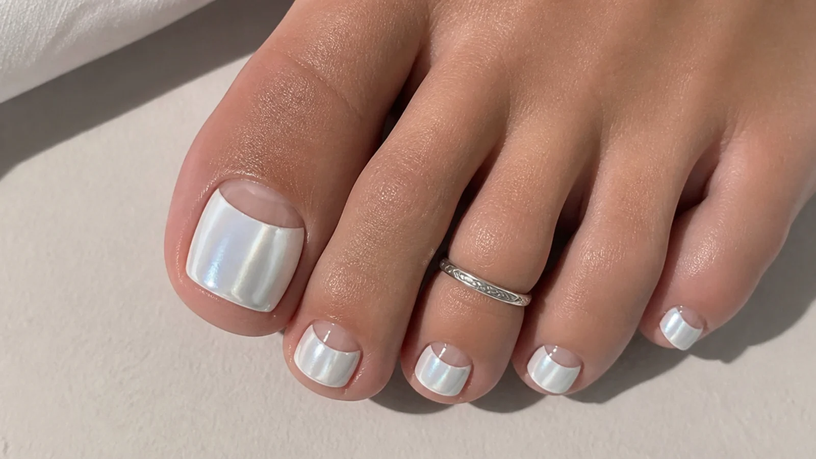 White chrome toe nails with a bare half-moon at the cuticle