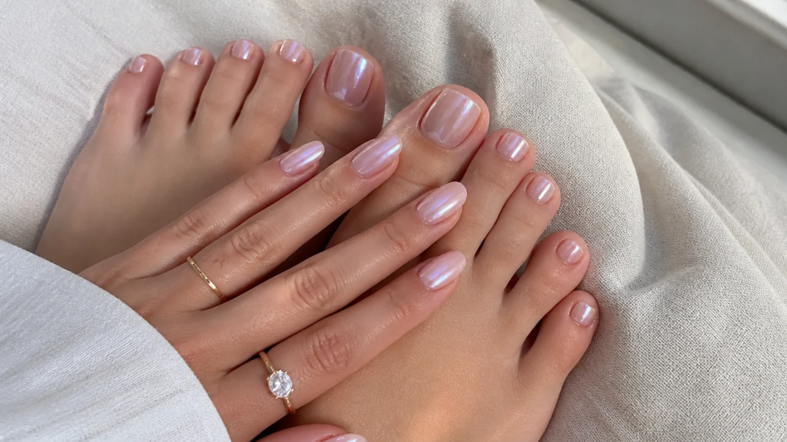 Milky glazed-donut pearl toe nails with a soft wet-looking sheen