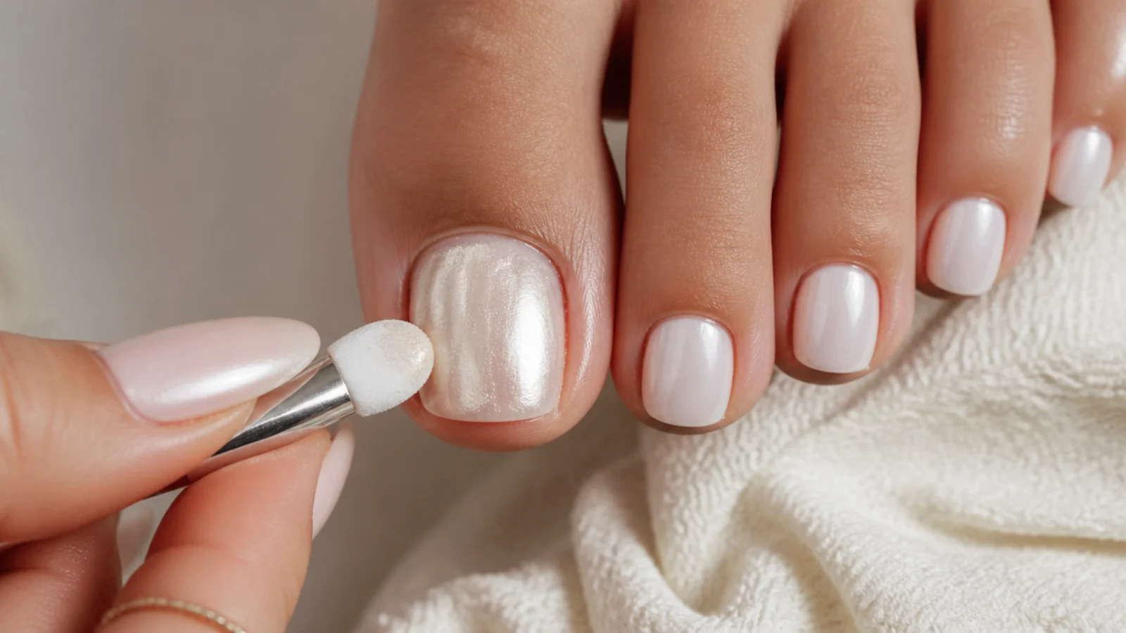 Chrome powder being buffed over a milky white gel base on a toenail