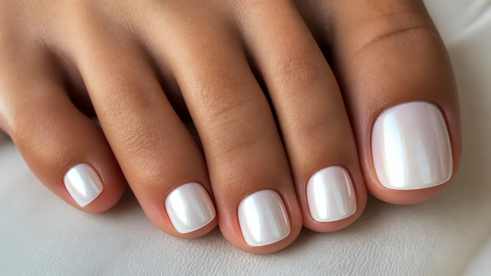 A well-sealed glossy white chrome pedicure with cuticle oil for longevity