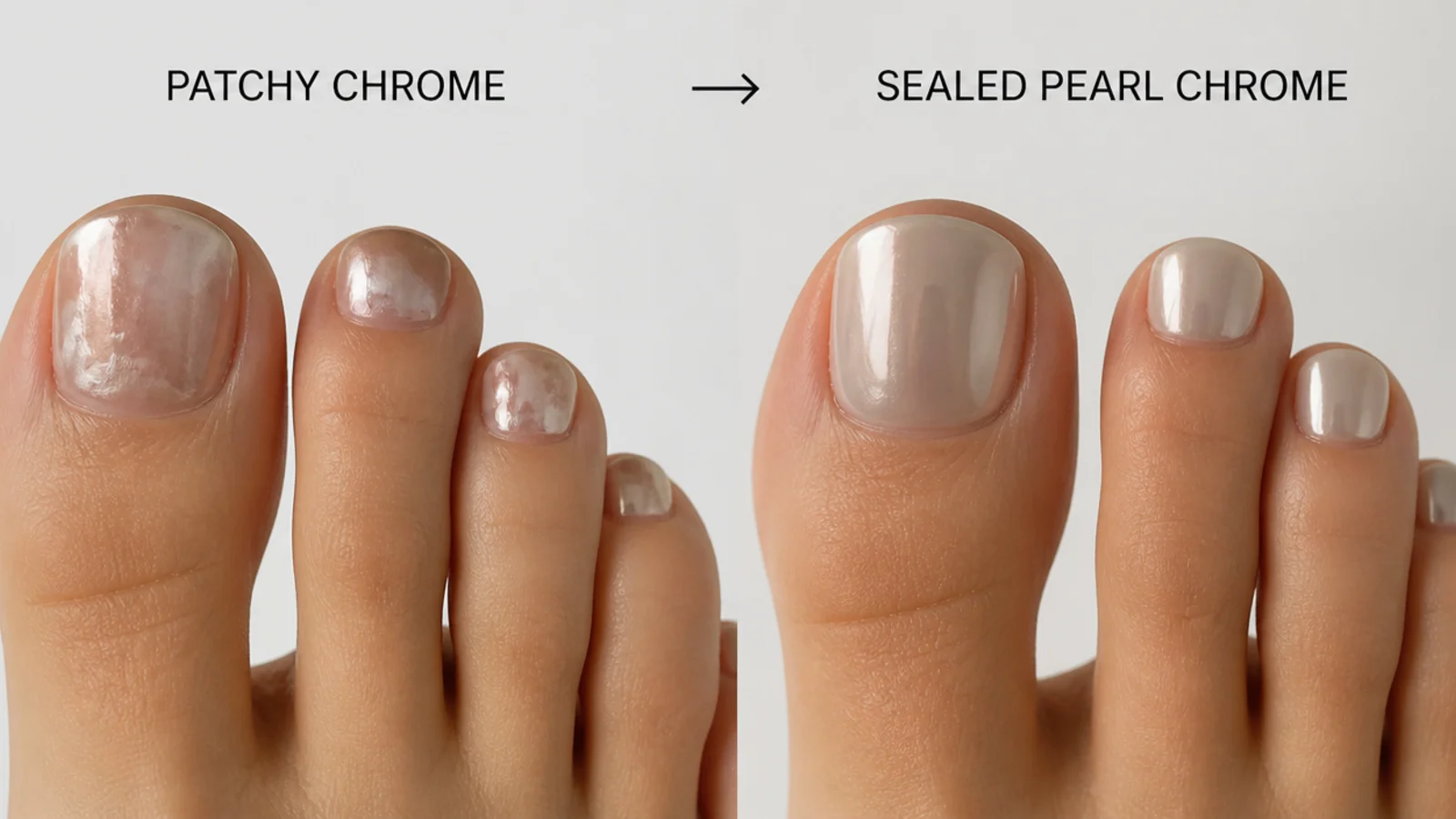 A patchy dull chrome toe next to a glassy sealed pearl chrome toe
