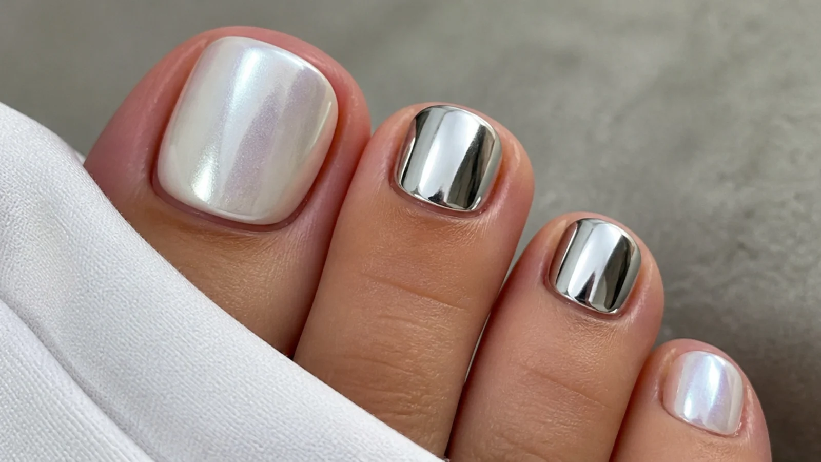 Soft pearl white chrome toe beside a bright silver mirror chrome toe