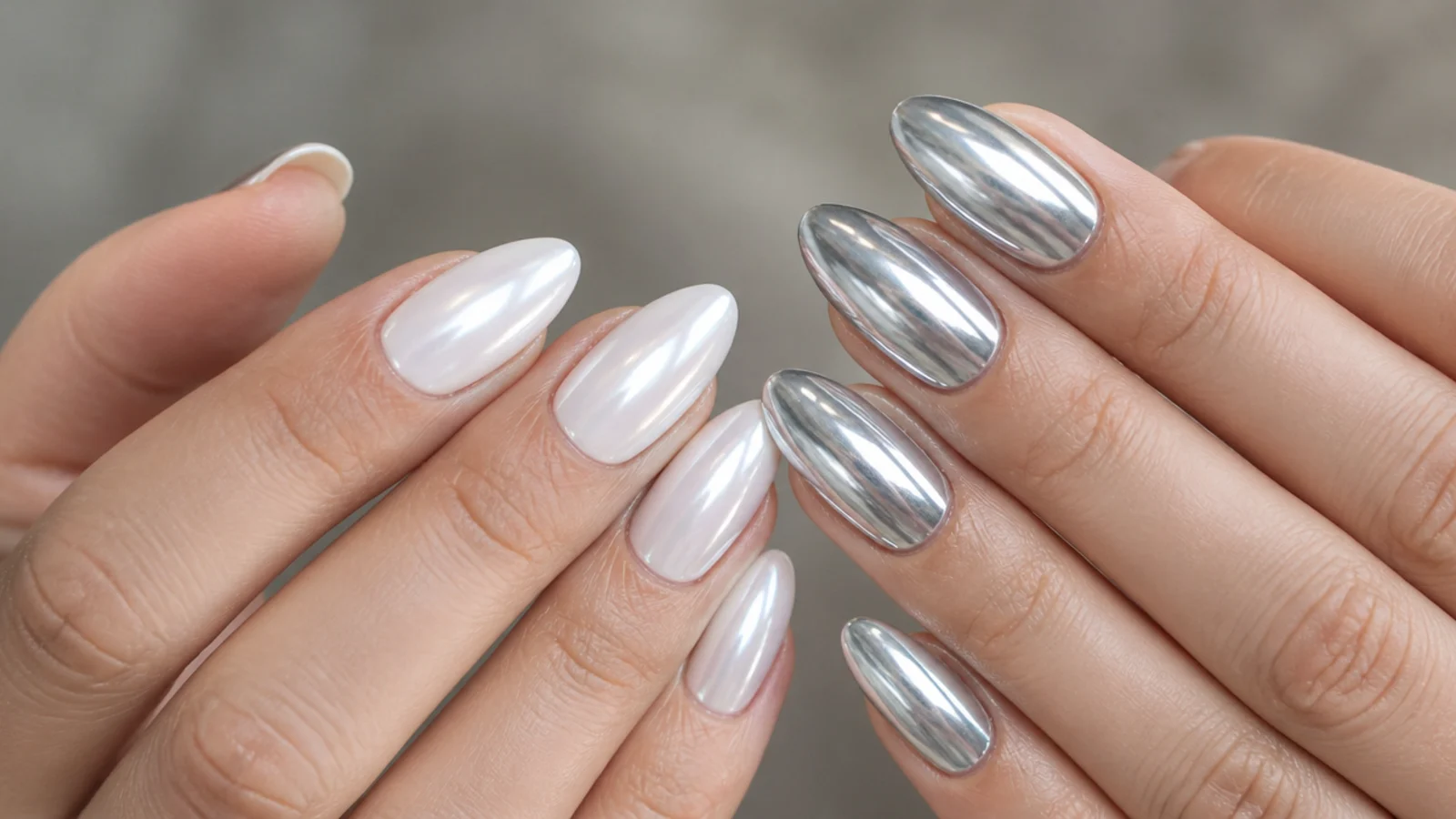 Almond nails in soft pearl white chrome beside almond nails in silver mirror chrome