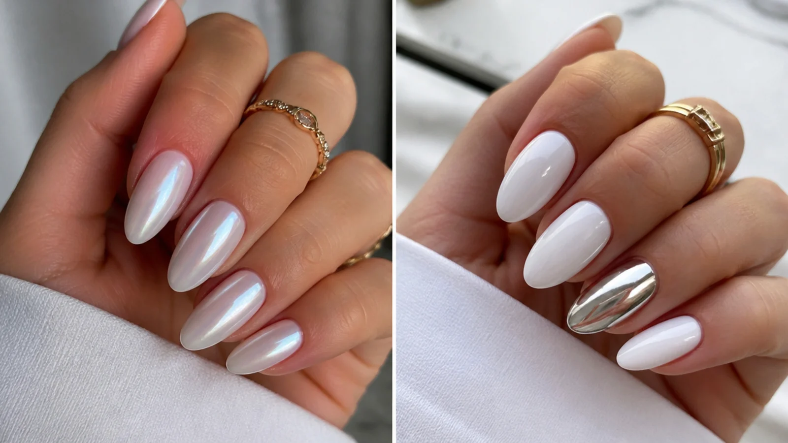 All-over soft white bridal chrome beside white nails with one silver mirror accent
