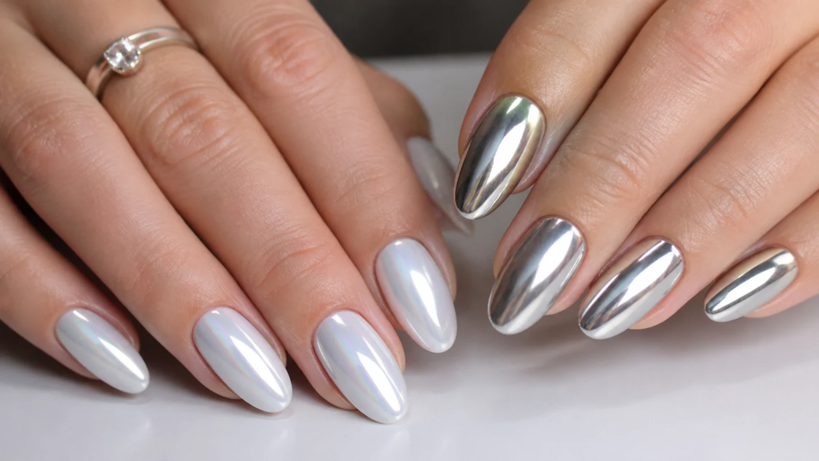 Cool-toned white chrome nails beside bright true silver chrome nails
