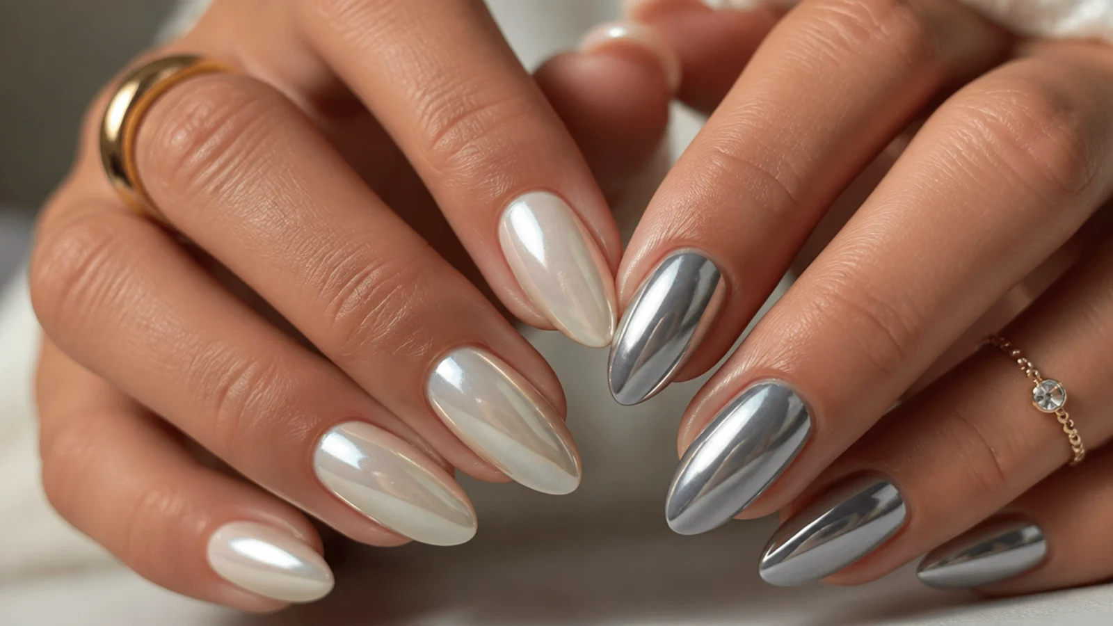 Warm milky white chrome nails beside cool silver chrome nails on warm skin