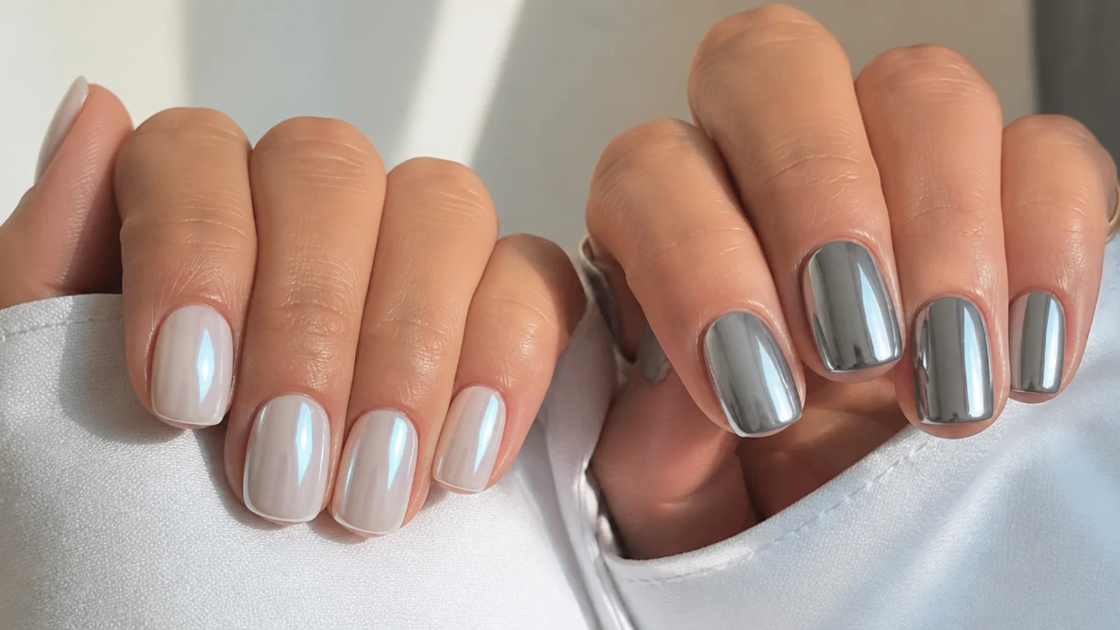 Short squoval white pearl chrome nails beside short squoval silver chrome nails