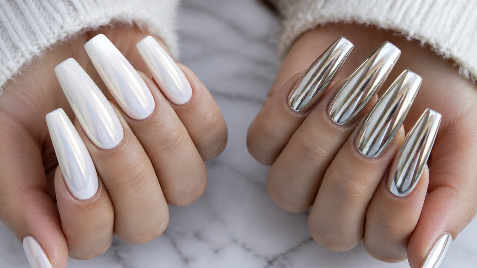 Long coffin white pearl chrome nails beside long coffin silver mirror chrome nails