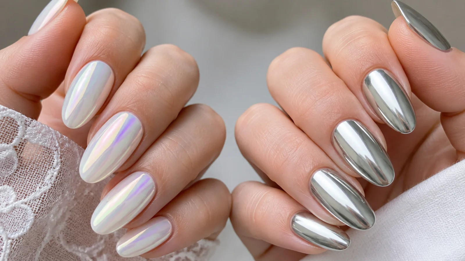 Iridescent aurora white chrome nails beside flat silver mirror chrome nails