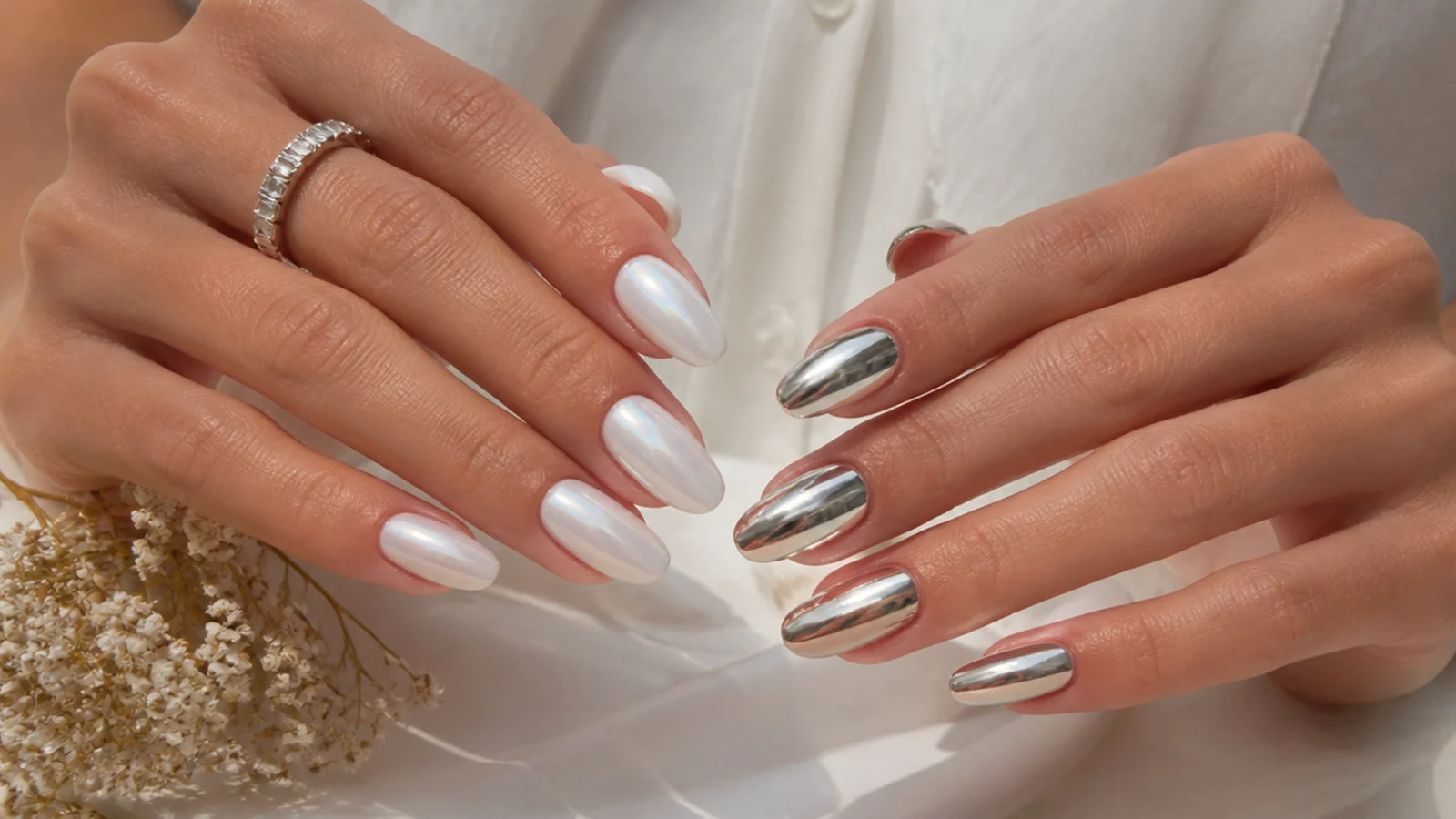 One hand in white pearl chrome and the other in silver mirror chrome