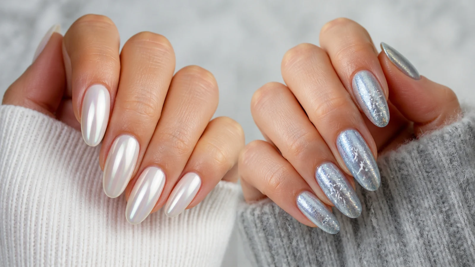 Winter white pearl chrome nails beside icy silver chrome nails with a frosty look