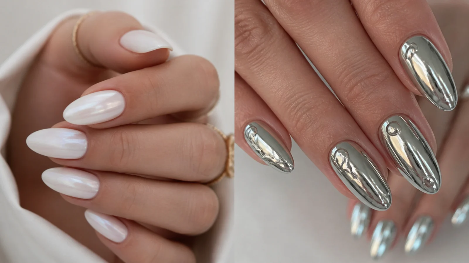 Understated everyday white chrome nails beside bold statement silver chrome nails
