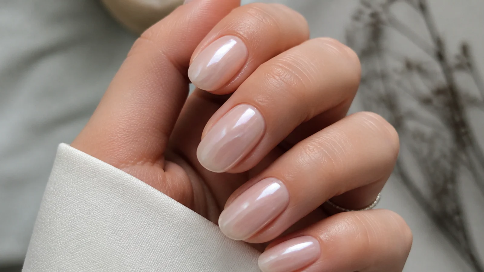 Sheer milky nails with a soft pearl chrome glaze like a glazed donut