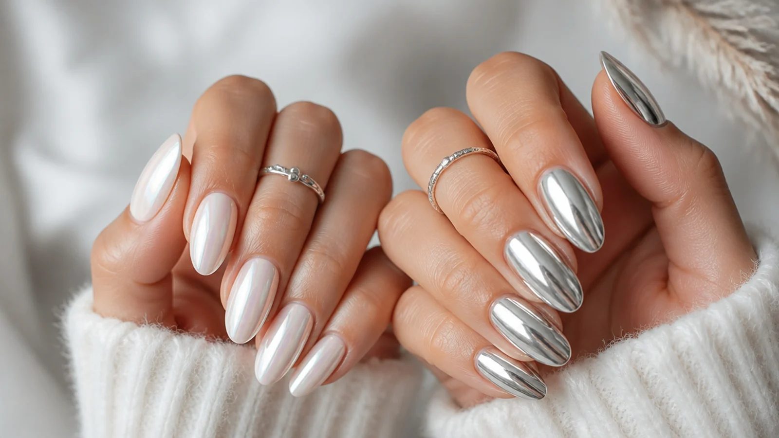 Two hands side by side, one soft white pearl chrome and one bright silver mirror chrome