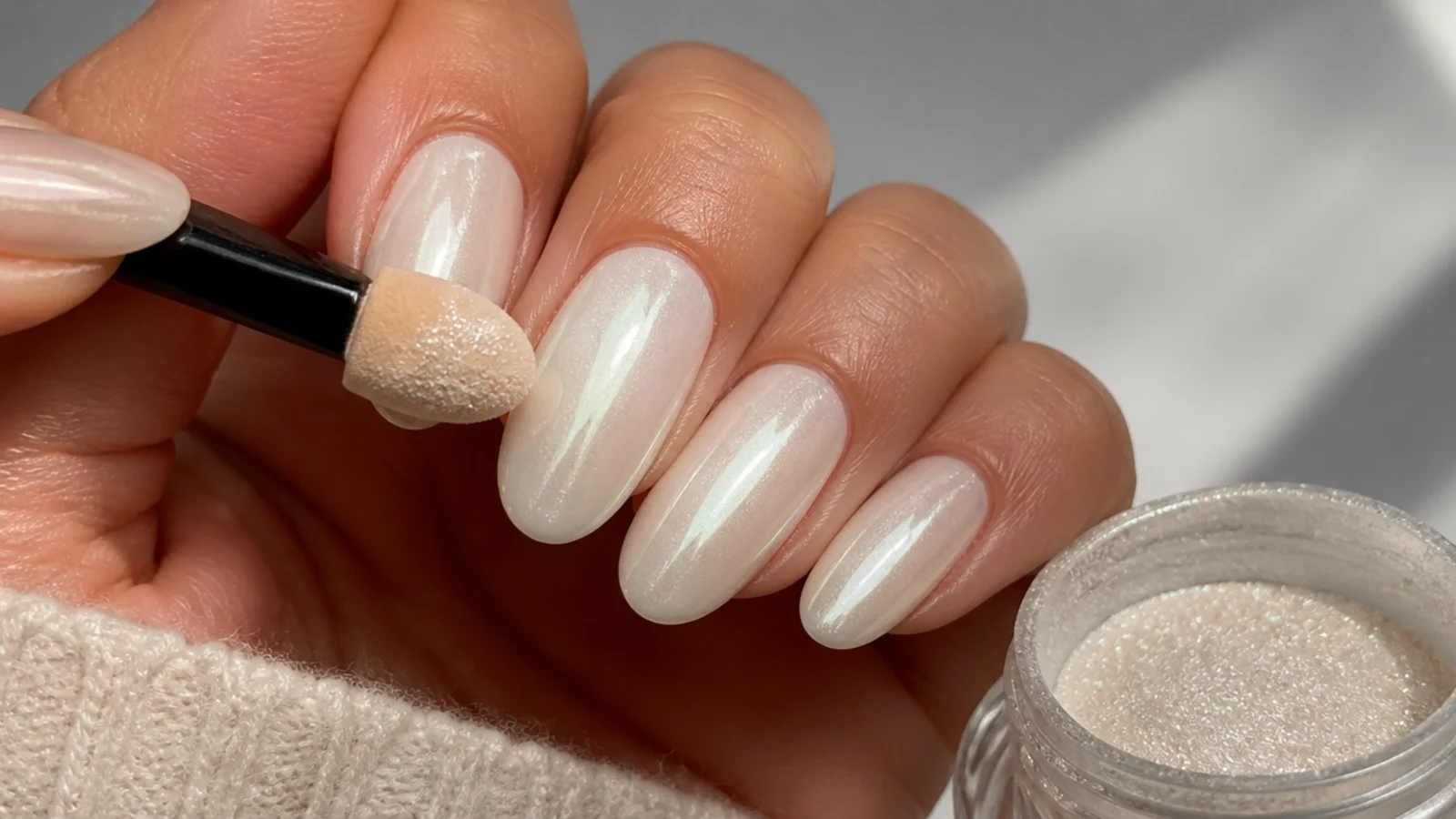Fine pearl chrome powder being rubbed over a milky white gel base to a glassy sheen