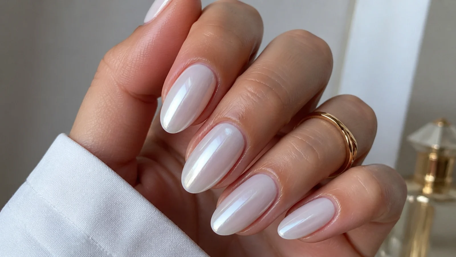 A well-sealed glossy white chrome manicure with cuticle oil for longevity