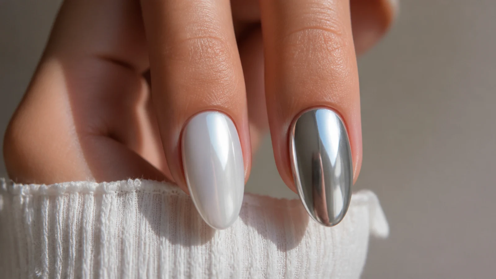 Soft pearl white chrome nail beside a bright silver mirror chrome nail for comparison