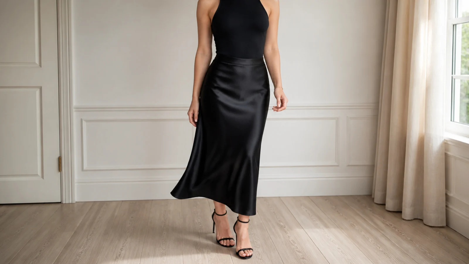 Faceless outfit with a fitted black bodysuit tucked into a black satin bias-cut midi slip skirt with heels