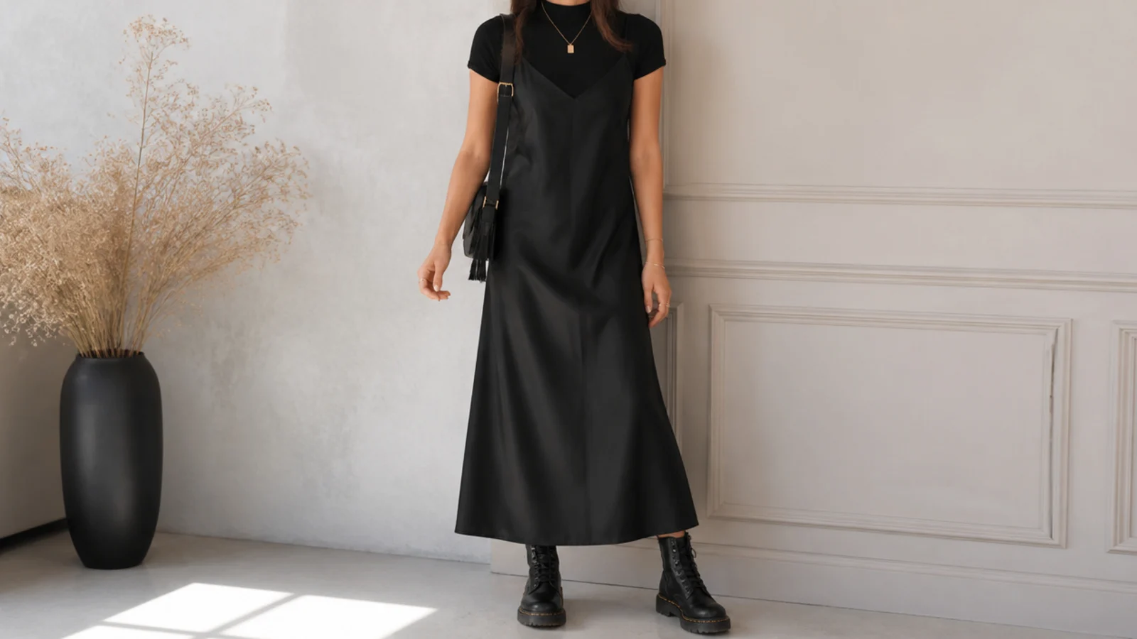 Faceless outfit with a black slip dress layered over a fitted black tee with black combat boots