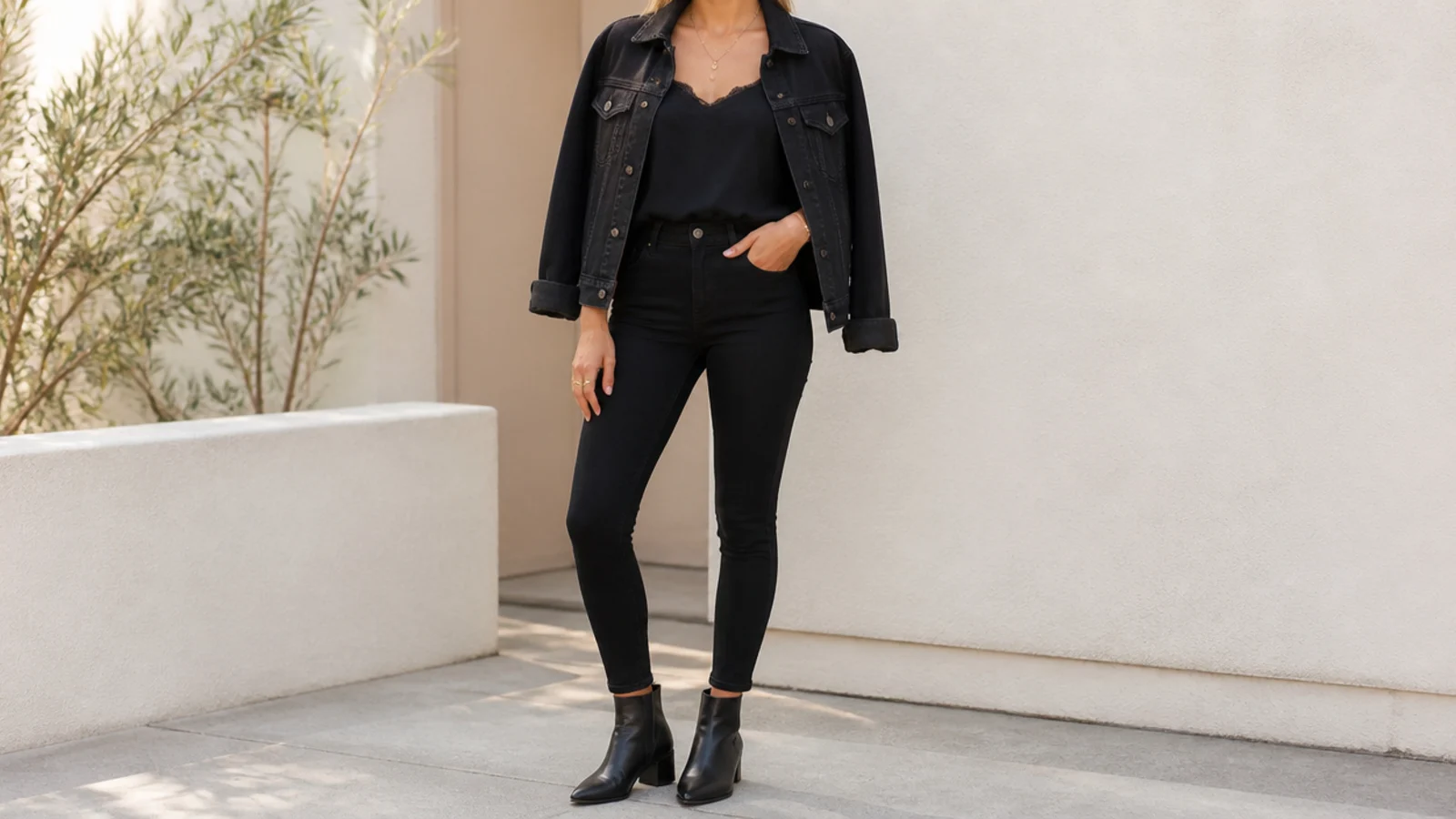 Faceless outfit with a black denim jacket over a black cami with black skinny jeans and ankle boots