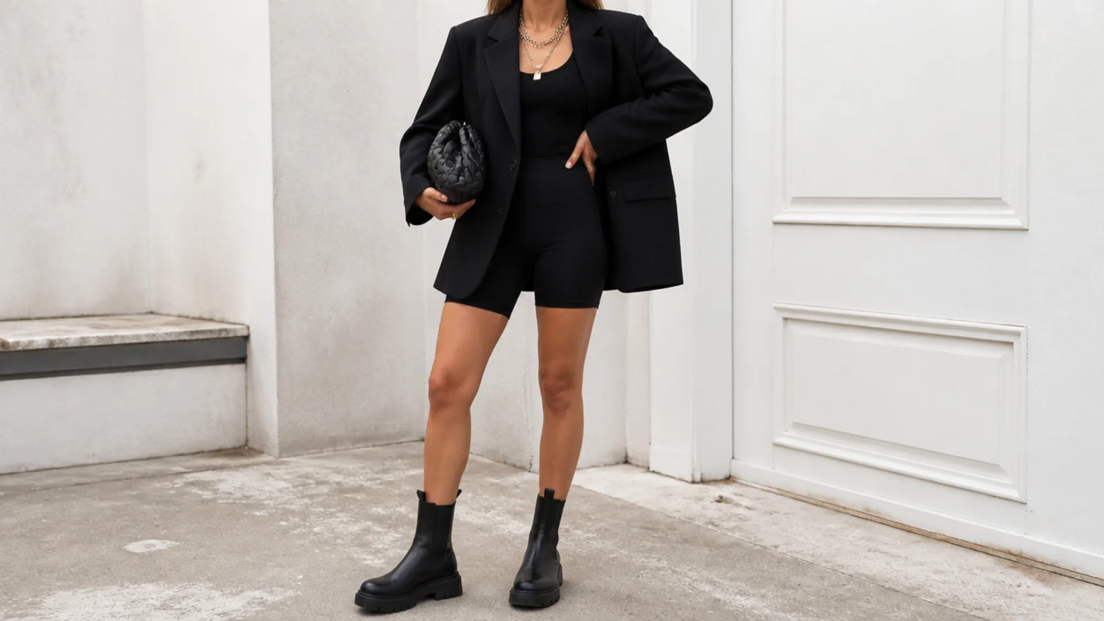 Faceless outfit with an oversized black blazer over black bike shorts with chunky black ankle boots