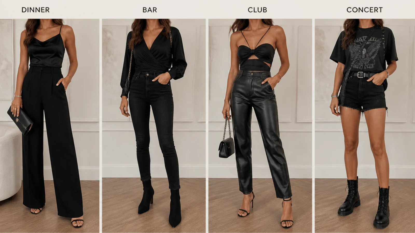 Faceless four-panel flat-lay of all-black outfits for dinner, a bar, a club and a concert side by side